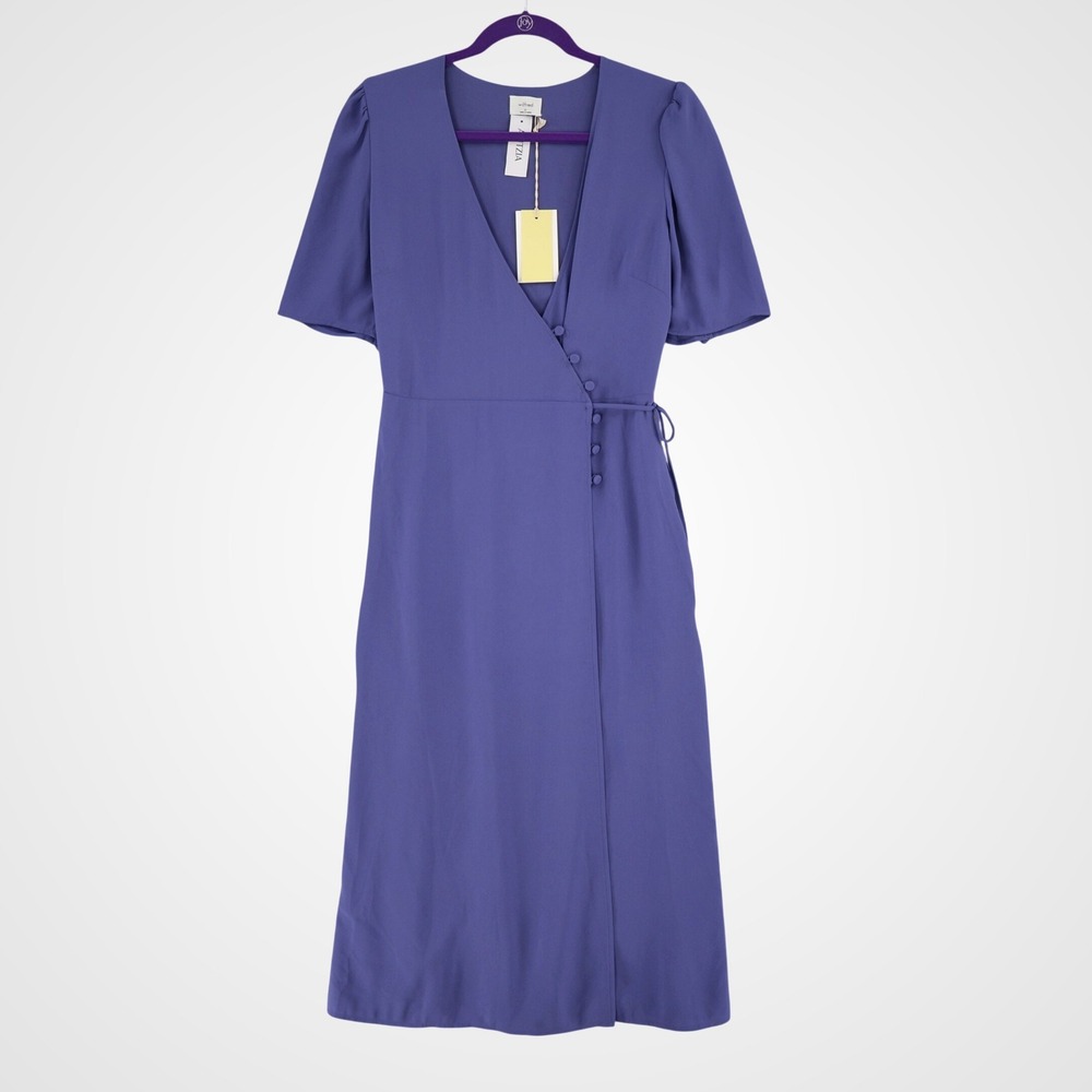 Wilfred Lulea Dress Women 10‎ Nightshade Blue Wrap Midi V-Neck Puff Sleeve NWT